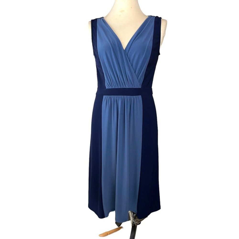 Chaps Dress Women Size Medium Midi Length Grecian Draped Bodice Blue On Blue